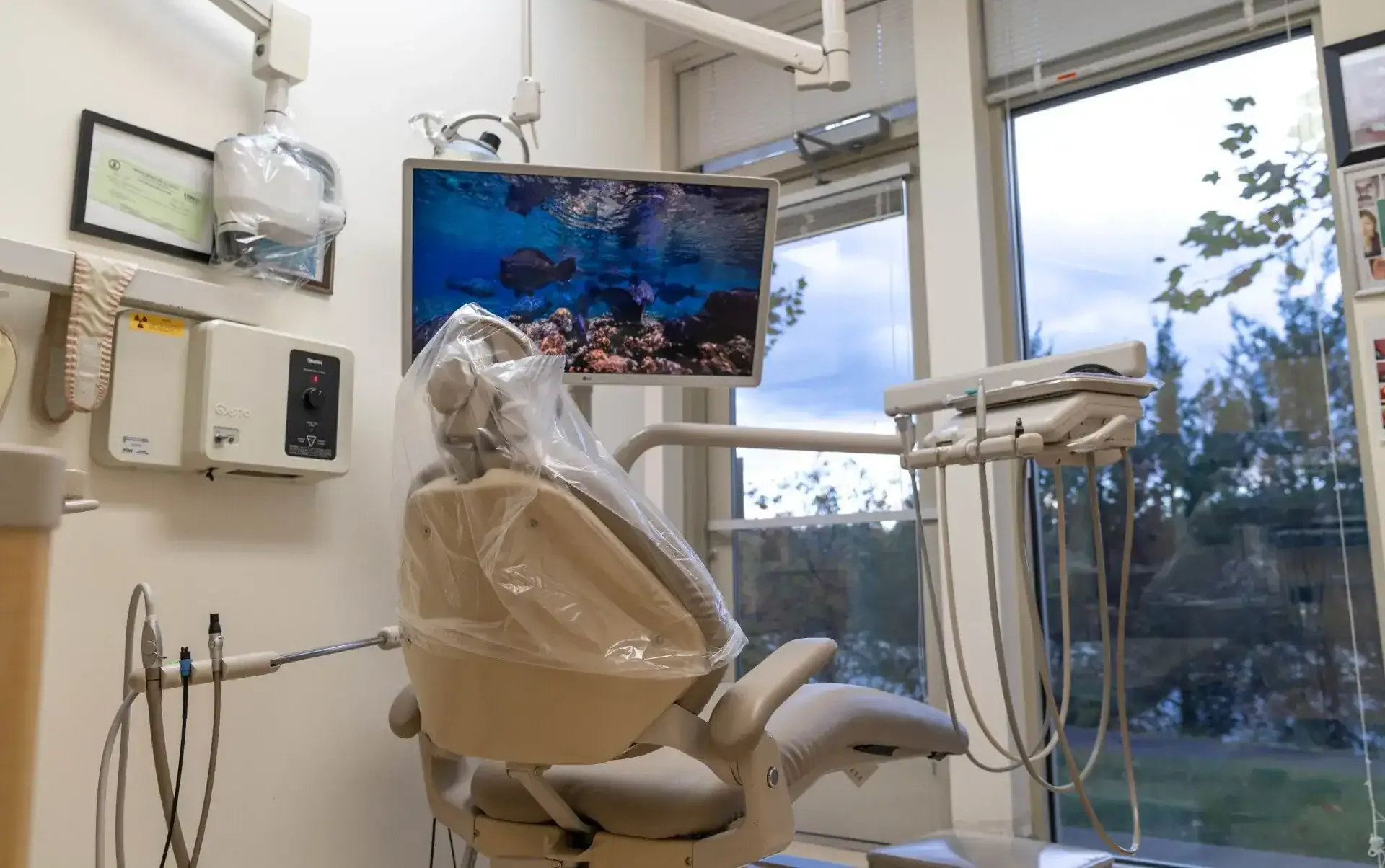 A prepped treatment room at Westlake Dental, chair covered and ready for the next guest