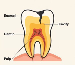 Cutaway of a tooth with a cavity showing the different layers of the tooth